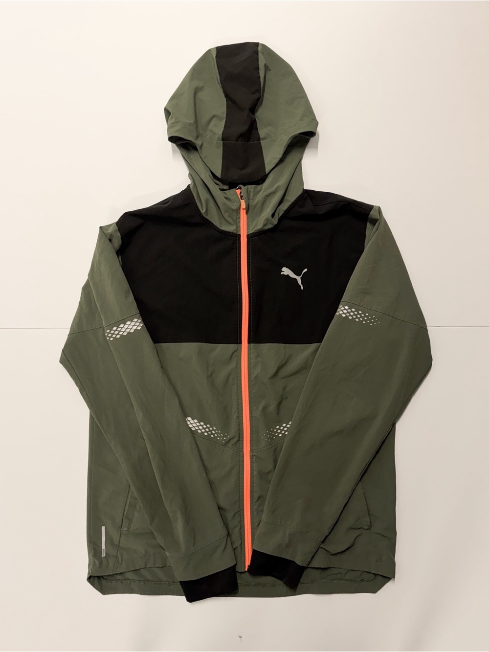 Puma Olive Green and Black Hooded Windbreaker with Orange Zipper